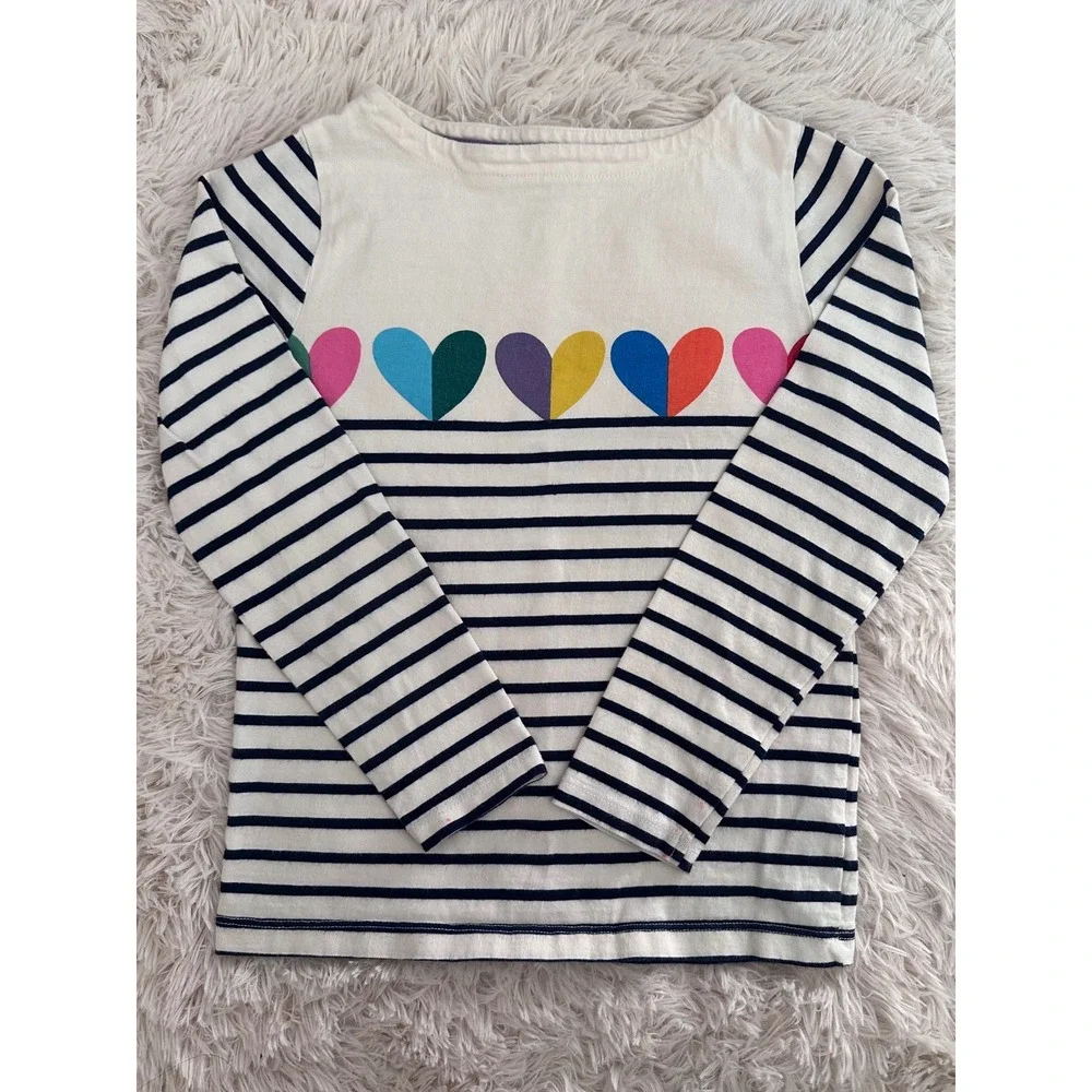 Mini Boden Girls Navy White Striped Rainbow Heart Long Sleeve Shirt Size 7-8Y